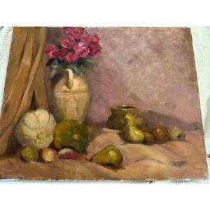 Hand painted acrylic still‎ life, flowers, and fruits on canvas 20 x 16
